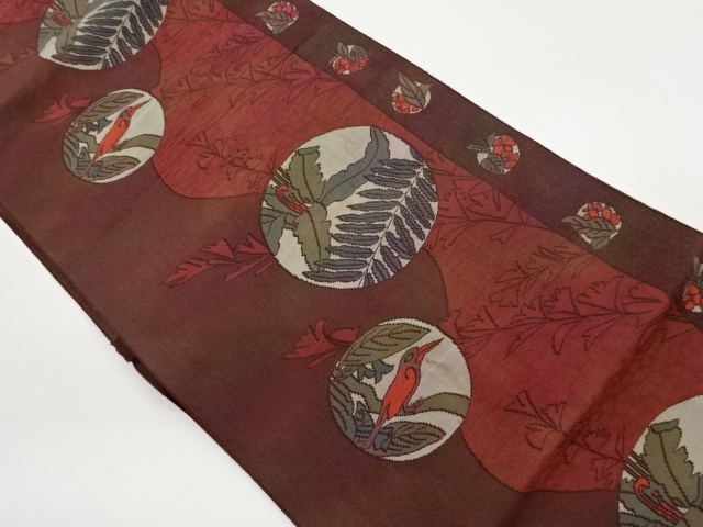 JAPANESE KIMONO / NAGOYA OBI / SILK / CHIKUZEN HAKATA / WAVY LINE & ROUNDEL CREST & FLOWERS & BIRDS & LEAVES
